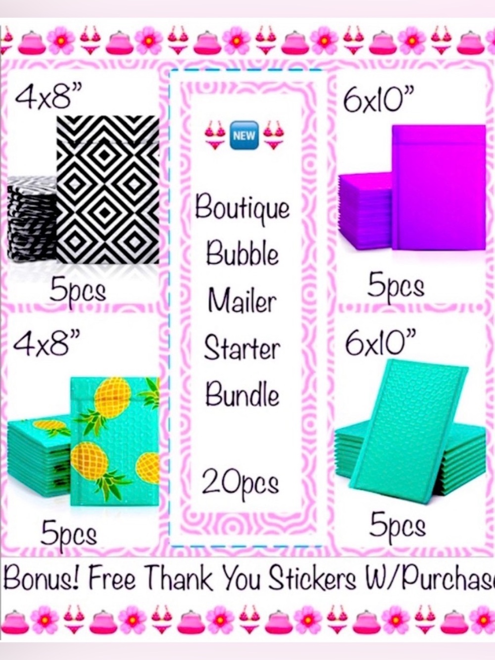 20ct Assorted Bubble Poly Mailers 👙🆕👙Boutique Starter Package⭐️20 TY Stickers